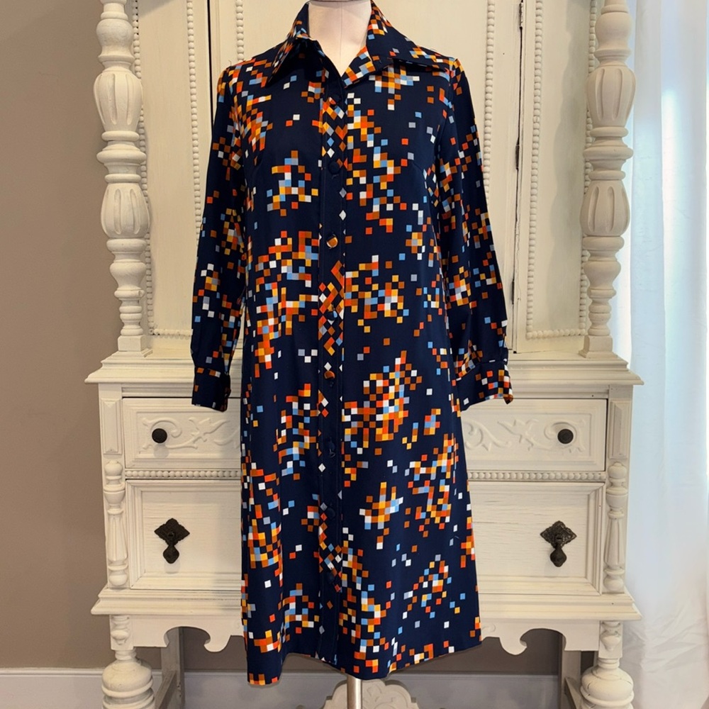 Vintage Bayard Sport Shirt Dress Size 10 Navy Geometric Print